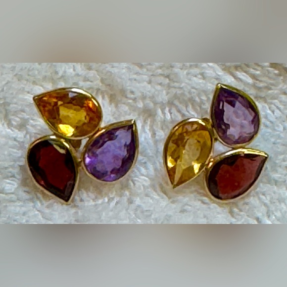 14kt gold vintage 80s stud earrings-Genuine Garnet Citrine Amethyst teardrops